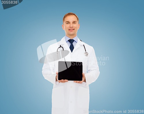 Image of smiling male doctor with stethoscope and tablet pc