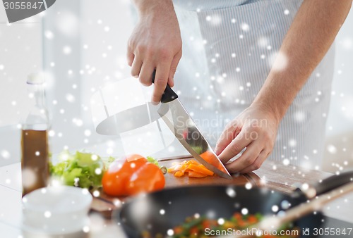 Image of close up of man cutting vegetables with knife