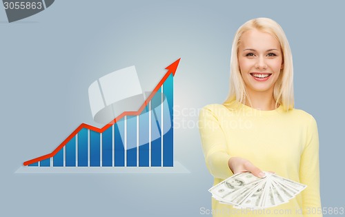 Image of smiling woman with growth chart and dollar money