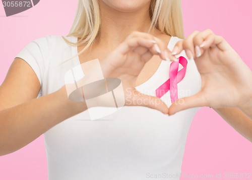 Image of close up of woman and pink cancer awareness ribbon