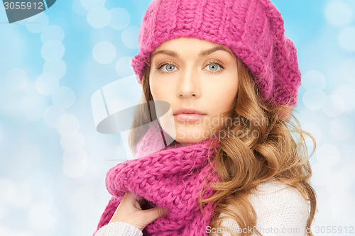 Image of close up of young woman in winter clothes