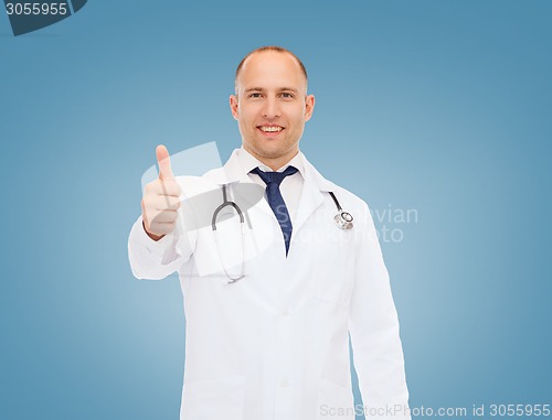 Image of smiling doctor with stethoscope showing thumbs up