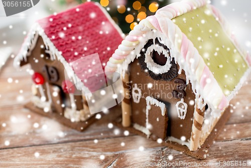 Image of closeup of beautiful gingerbread houses at home