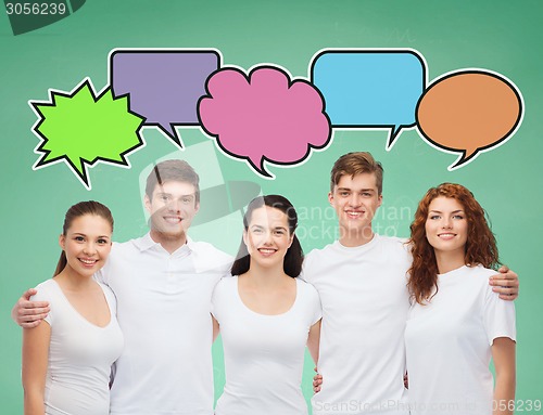 Image of group of smiling teenagers with text bubbles