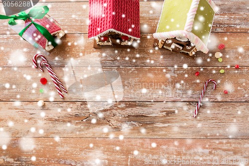 Image of closeup of beautiful gingerbread houses at home