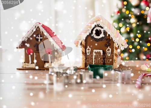 Image of closeup of beautiful gingerbread houses at home