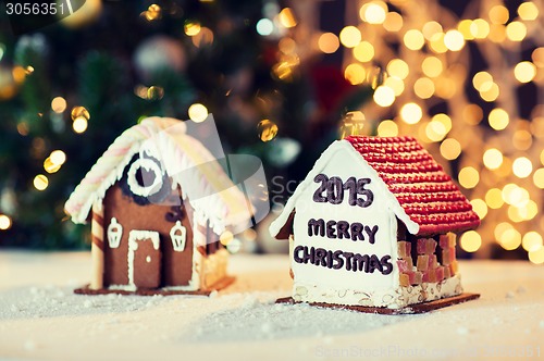 Image of closeup of beautiful gingerbread houses at home