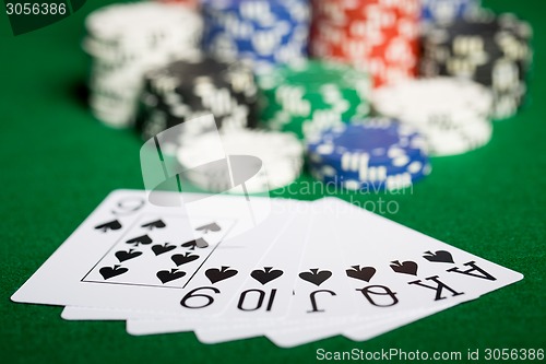 Image of close up of casino chips and playing cards