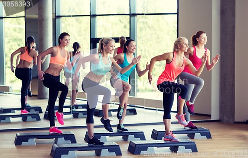 Image of group of women working out with steppers in gym