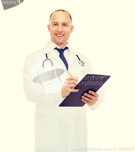 Image of smiling male doctor with clipboard and stethoscope