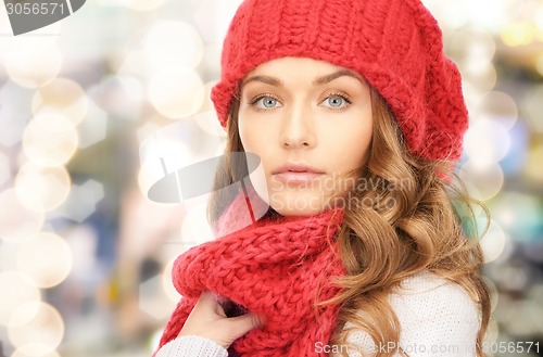 Image of close up of young woman in winter clothes