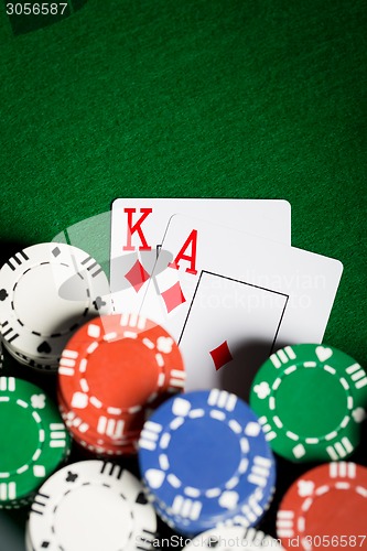Image of close up of casino chips and playing cards
