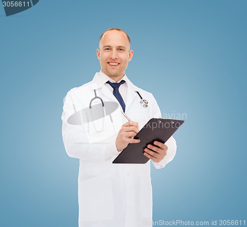 Image of smiling male doctor with clipboard and stethoscope