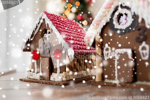 Image of closeup of beautiful gingerbread houses at home