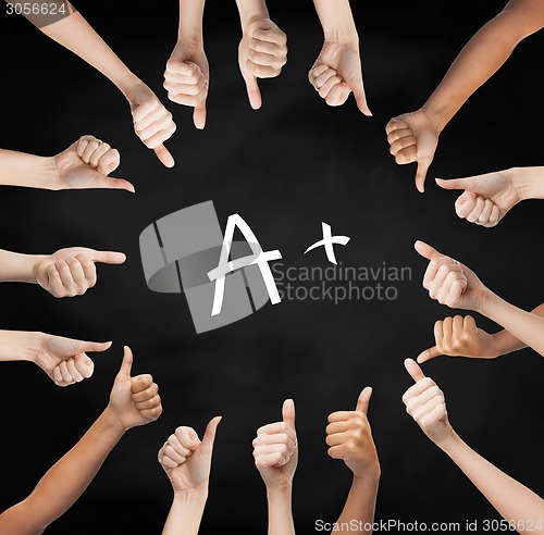 Image of hands showing thumbs up in circle over a mark