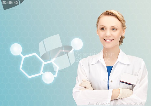 Image of smiling female doctor with molecule of serotonin