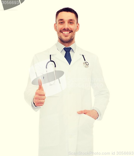 Image of smiling doctor with stethoscope showing thumbs up