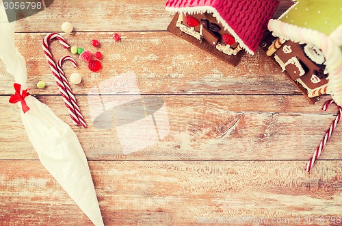 Image of closeup of beautiful gingerbread houses at home