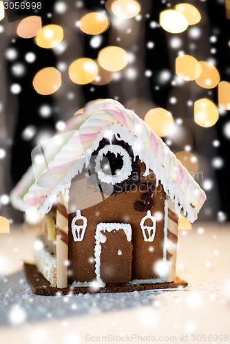 Image of closeup of beautiful gingerbread house at home