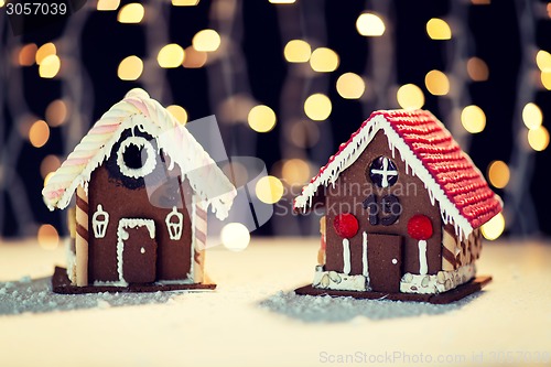 Image of closeup of beautiful gingerbread houses at home