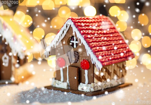 Image of closeup of beautiful gingerbread houses at home