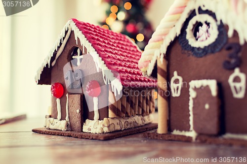 Image of closeup of beautiful gingerbread houses at home