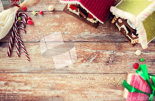 Image of closeup of beautiful gingerbread houses at home