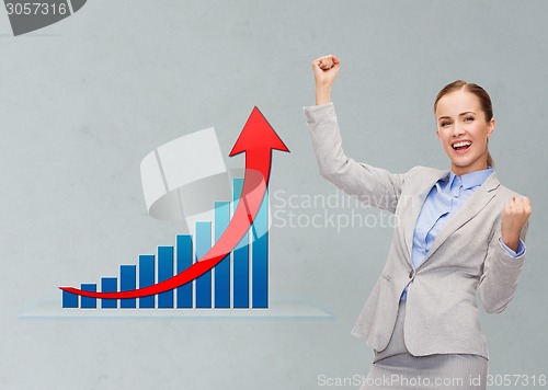 Image of happy businesswoman with hands up