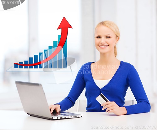 Image of smiling woman with laptop computer and credit card