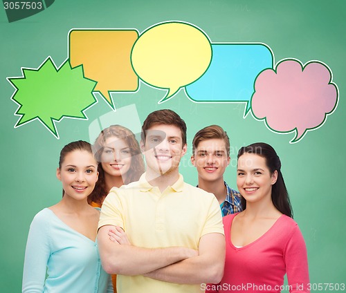 Image of group of smiling teenagers with text bubbles
