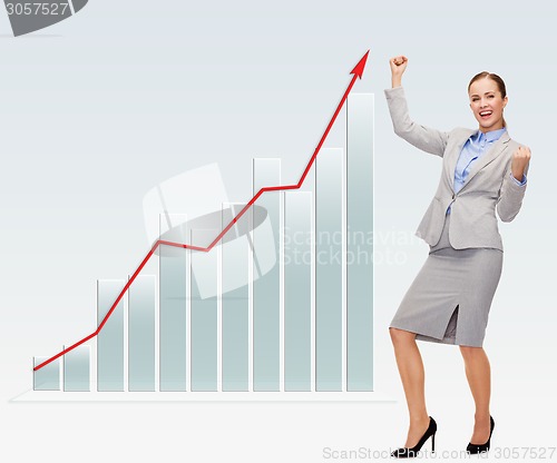 Image of happy businesswoman with hands up