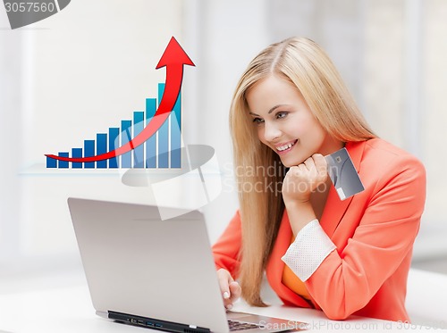 Image of smiling woman with laptop computer and credit card