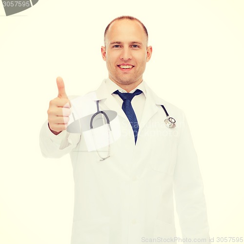 Image of smiling doctor with stethoscope showing thumbs up