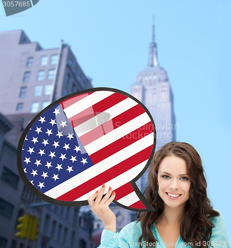 Image of smiling woman with text bubble of american flag