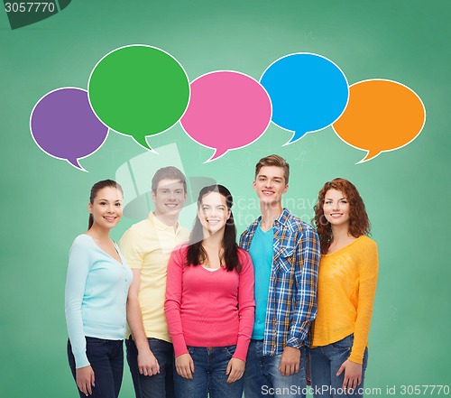 Image of group of smiling teenagers with text bubbles