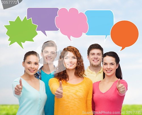 Image of group of smiling teenagers with text bubbles