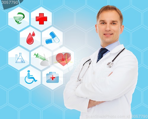 Image of smiling male doctor with stethoscope