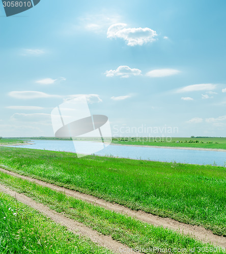 Image of sunny sky with clouds and green landscape with river and road