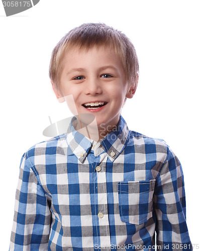 Image of Boy laughs on a white background