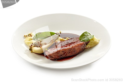 Image of Plate of duck breast and mashed potatoes