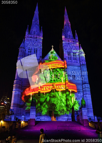 Image of Christmas tree seasons greetings St Mary's Cathedral, Sydney