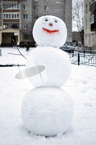 Image of Snowman in the yard of the house.