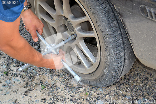 Image of The man turns off a car wheel.