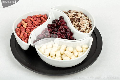 Image of almonds in chocolate, cranberries and walnuts