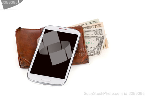 Image of cellphone and money on white