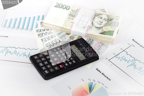 Image of calculator, charts, pen, business workplace