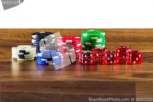 Image of Chips and dice on a table