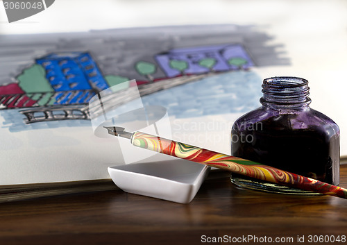 Image of Still life shot of drawing with ink