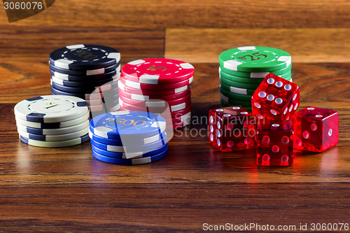 Image of Chips and dice on a table