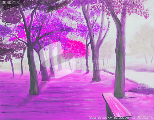 Image of Painting showing beautiful sunny autumn day in a park